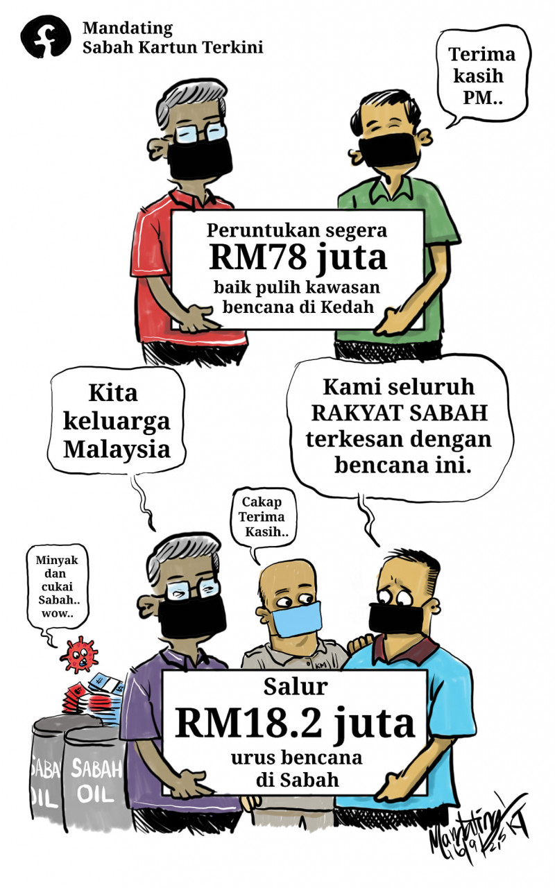 A cartoon drawing by Facebook page Mandating Sabah Kartun Terkini on the huge difference in flood repair allocations for Sabah and Kedah. – Mandating Sabah Kartun Terkini Facebook pic, September 18, 2021