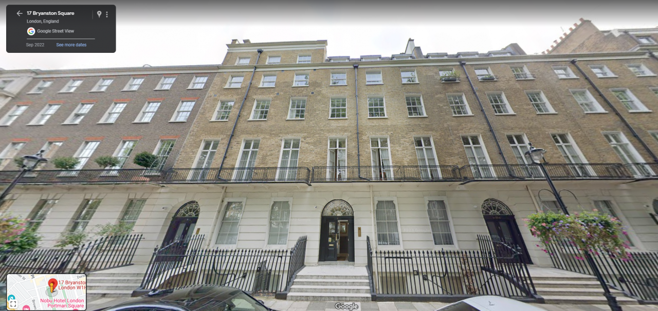 A photo of 17 Bryanston Square, London, United Kingdom, W1H 2DP, the address where Newton Invest & Finance, which no longer exists, was registered. The company featured Tun Daim Zainuddin’s son Muhammed Amin Zainuddin. – Google Street View pic, February 22, 2023