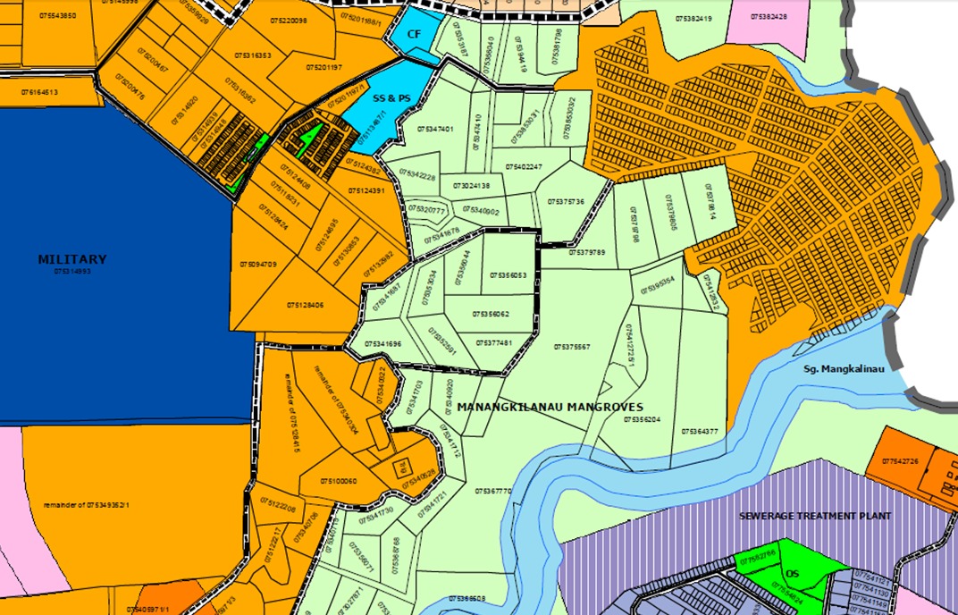 Part of Hii’s land planned for rezoning from residential zone into mangrove forest reserve (light green) is located in the centre, while the lands closer to the sea (orange) are not affected. – Pic courtesy of Datuk Peter Hii Chang Lik, March 18, 2022