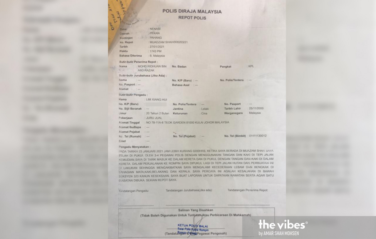 The police report filed by Lim Xiang Hui after his harrowing brush with the violent cops on January 24. – The Vibes pic, February 8, 2021