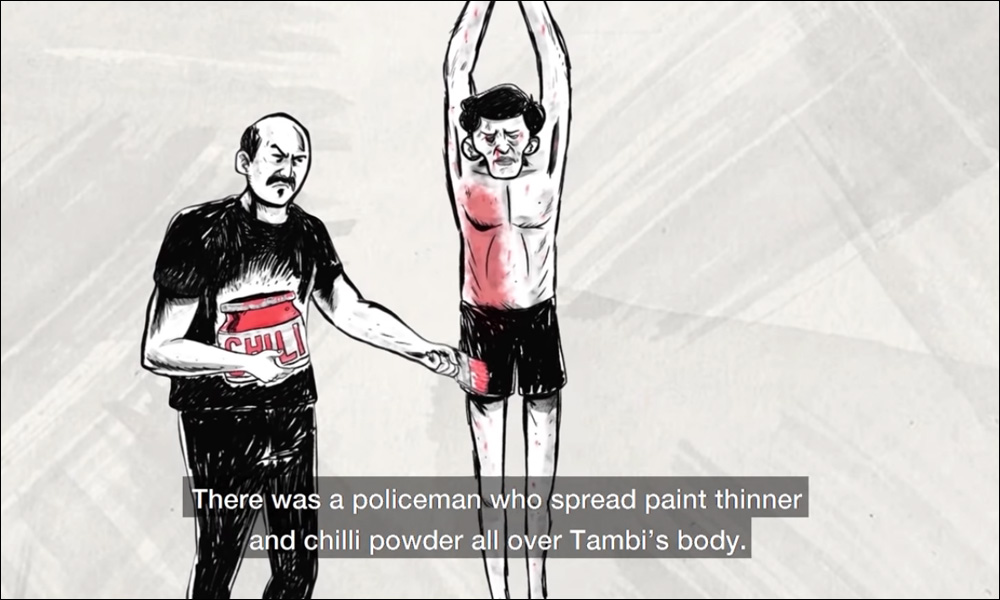 A screen grab from the animated short film Chilli Powder & Thinner, which tells the story of a boy being tortured in police custody with two friends. – Screen grab, July 4, 2021