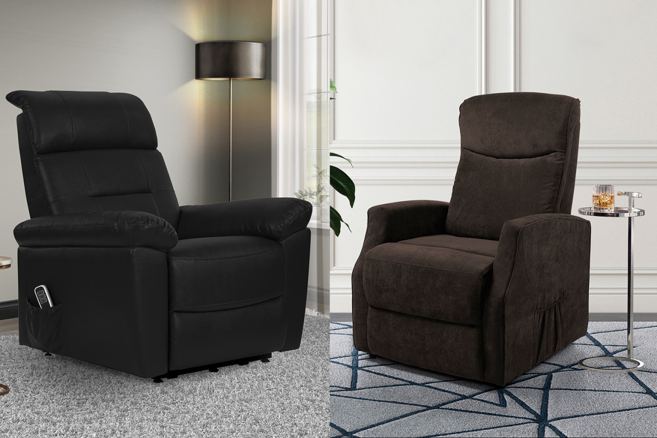 The black Dalton (left) and dark brown Portland lift chairs are under PETRA Mobilia’s Rize brand. – PETRA Mobilia pic, May 10, 2021