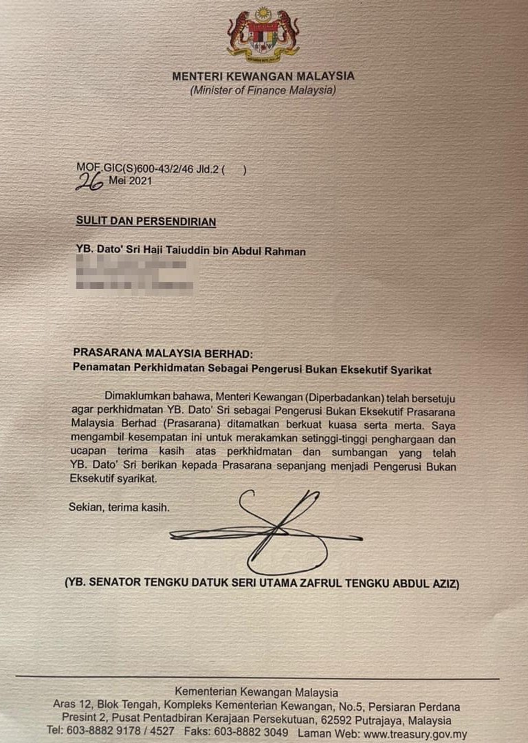 A letter issued by the finance minister to Datuk Seri Tajuddin Abdul Rahman informing him of his removal as Prasarana Malaysia Bhd non-executive chairman. – File pic, May 26, 2021