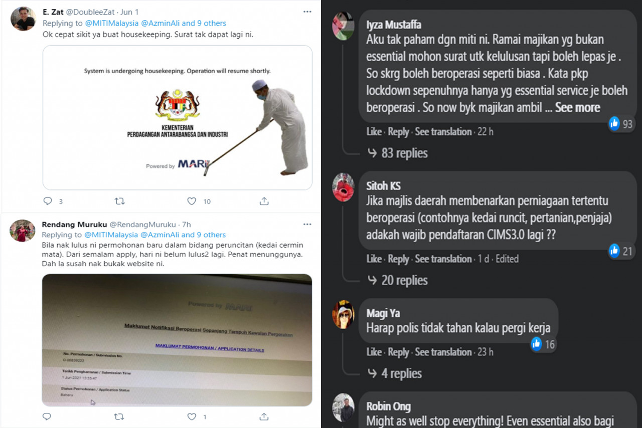Screenshots of various complaints made by netizens against Miti on Twitter (left) and Facebook. – The Vibes file pic, June 3, 2021