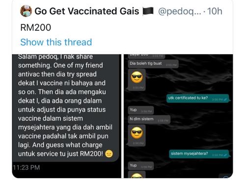A screenshot of the message claiming that the vaccination status of any individual can be adjusted on the MySejahtera app. – Screen grab pic, August 10, 2021