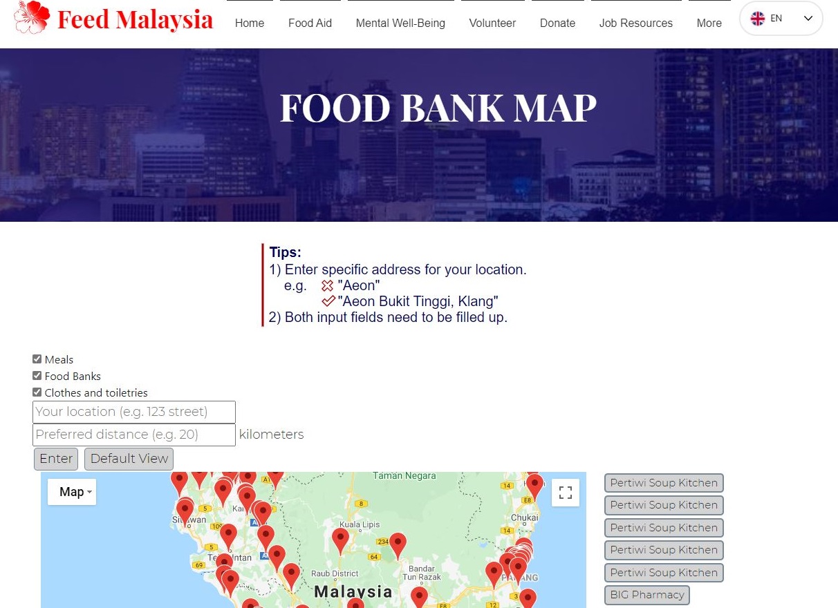 The Feed Malaysia map shows pins, representing food banks, located in a selected area. – Screen grab pic, October 11, 2021