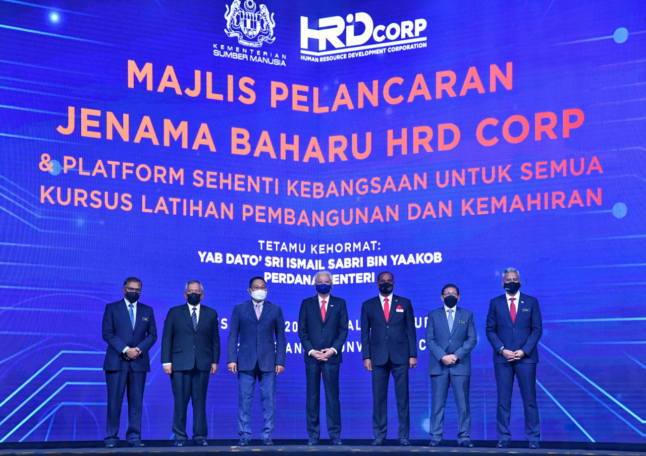 During the official launch of the rebranding last week, Prime Minister Datuk Seri Ismail Sabri Yaakob (fourth from left) said HRD Corp is set to assume significant responsibility as the central agency for all human capital development programmes for Malaysians. – HRD Corp pic, December 9, 2021
