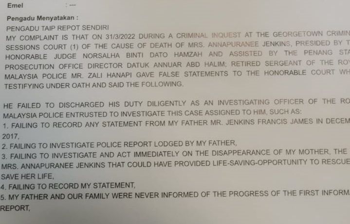 The police report filed by Greg Jenkins in English. – Pic courtesy of Greg Jenkins, April 6, 2022