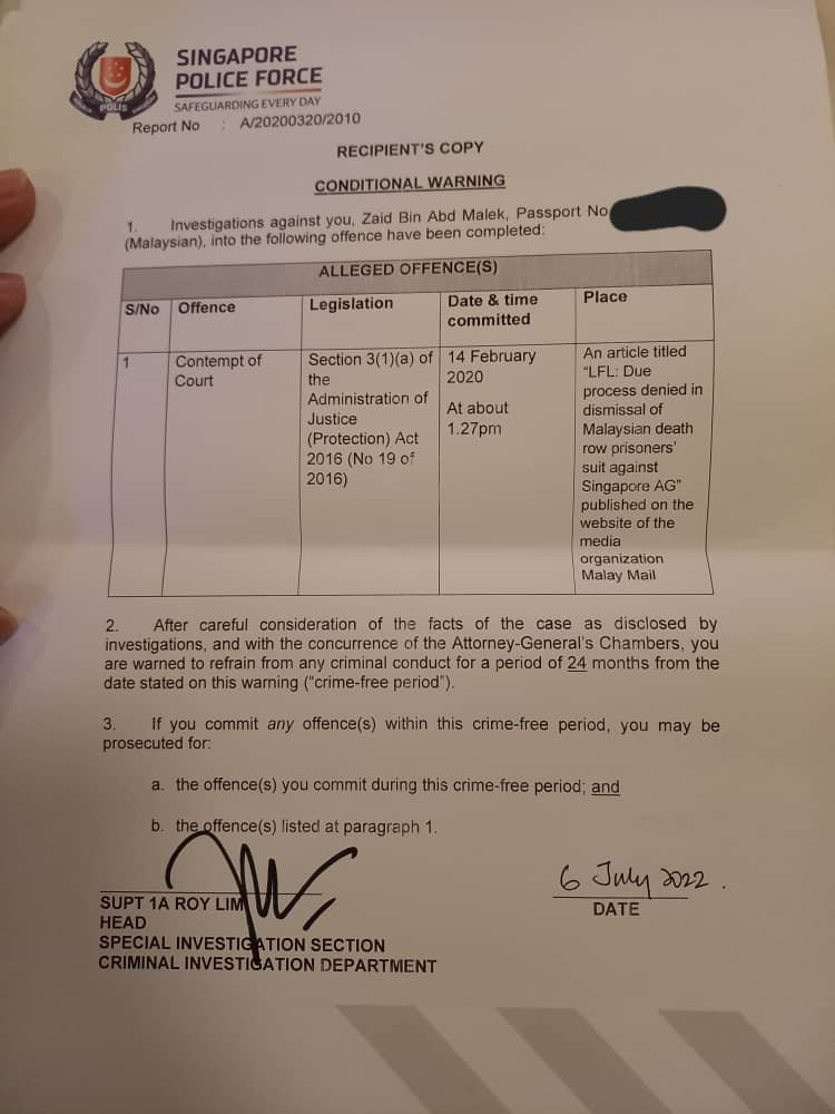 The conditional warning issued to Zaid Malek warning that he has committed an offence and ordering him to ‘refrain from any criminal conduct for a period of 24 months’, failing which he would be charged in court. – Zaid Malek Facebook pic, July 8, 2022