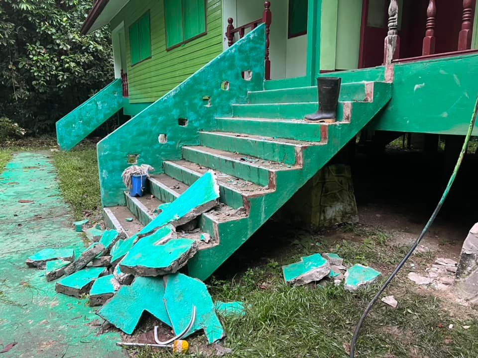 The stairs outside of the building and a water tank were damaged. – Danau Girang Field Centre Facebook pic, July 10, 2022