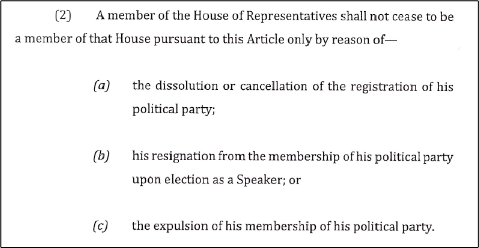 There are some conditions under which an MP who changes party will not be forced to vacate his or her seat, namely if (i) his party is deregistered for some reason (ii) he resigns from his party to become the speaker, or (iii) he is expelled from his party. – Screen grab pic, July 21, 2022