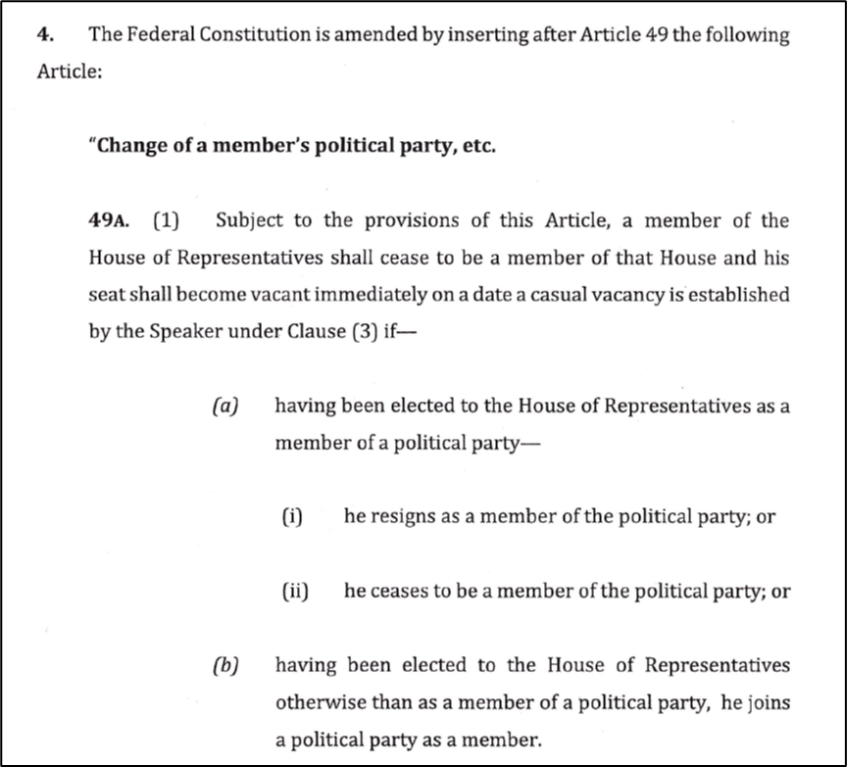 The proposed Article 49A would make vacant a seat if an MP elected as an independent candidate is to join a political party. – Screen grab pic, July 21, 2022