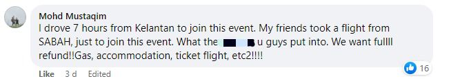 A screen grab of a Facebook comment by a dissatisfied participant in the event, who says he had travelled from Kelantan to take part, while his friend had flown in from Sabah. – Screen grab pic, August 4, 2022