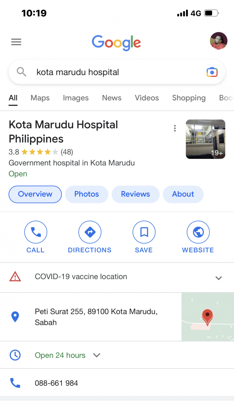 A screenshot of a Google search result of Kota Marudu Hospital which curiously contains the word ‘Philippines’. – Screen grab pic, August 8, 2022 
