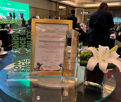 Pictured here are the trophies given to Heineken Malaysia for winning Company of the Year for Environmental Sustainability & Social Initiatives and the Long-Standing Excellence in Sustainability Award at the Sustainability & CSR Malaysia Awards 2022. – Pic courtesy of Heineken Malaysia, August 19, 2022