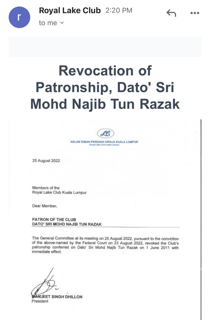 The letter emailed to members of the Royal Lake Club by its president Manjeet Singh Dillon. – Screen grab pic, August 29, 2022