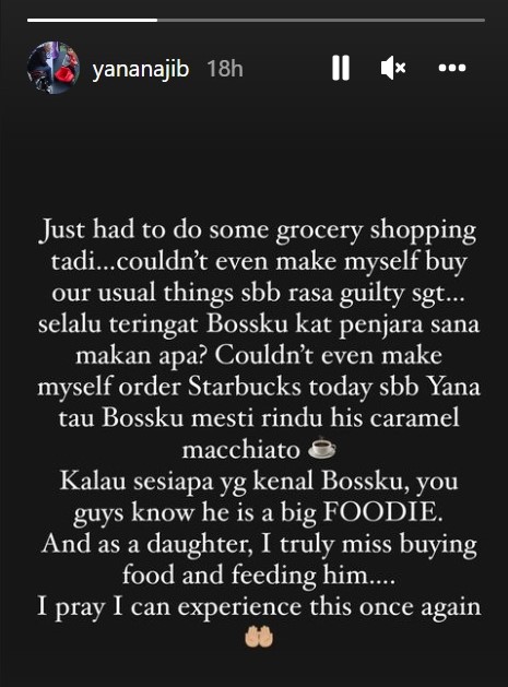 A screen grab of an Instagram story posted by Nooryana Najwa, daughter of disgraced former prime minister Datuk Seri Najib Razak, lamenting that she cannot buy her father his favourite foods now that he is in jail. – Screen grab pic, August 30, 2022