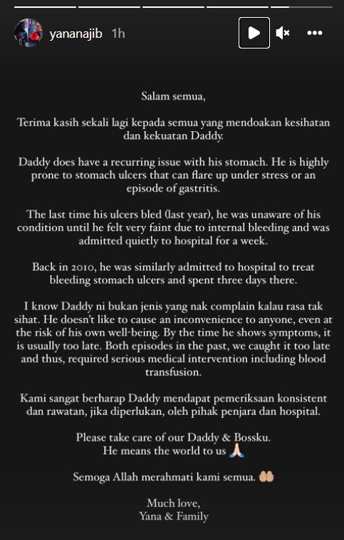 A screen grab of the Instagram story posted by Nooryana Najwa today where she explains why her father Datuk Seri Najib Razak was admitted to hospital yesterday. – @yananajib Instagram pic, September 5, 2022