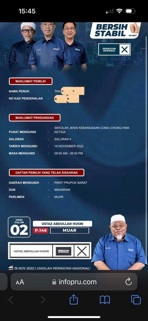 While the link Muar voter Tan received was written as infopru.com, checks by The Vibes reveal that when the address is entered into a search engine, users are automatically redirected to pnbest.my, a website that appears to be one of PN’s official campaign platforms. – Screen grab, November 18, 2022