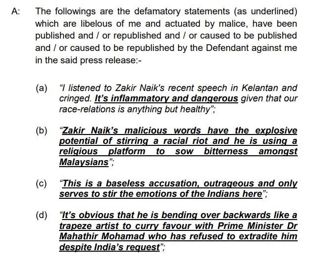 A screen grab of part of Zakir Naik’s witness statement in his defamation suit against Charles Santiago which shows the alleged defamatory statements made by the ex-Klang MP. – Screen grab pic, February 23, 2023