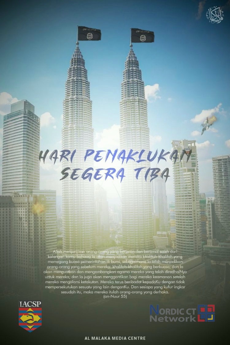 An image created by the Al Malaka Media Centre depicting the Petronas Twin Towers with Islamic State flags flying on top of the building, with a burning fighter jet in the sky and the words ‘Hari Penaklukan Segera Tiba’ (the day of conquest is soon upon us). – Image watermarked and provided by Nordic CT Network, March 5, 2023