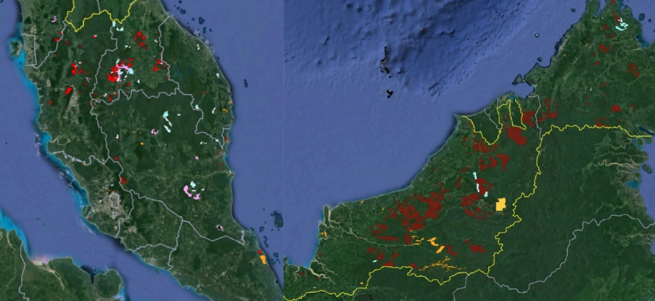 Figure 2: Future deforestation, where red represents zoning of forests for non-forests, including timber plantations, blue (forests being advertised for sale), pink (approved environmental impact assessments), black (forest reserve degazettements), and orange (other alerts such as news reports, etc.). – RimbaWatch pic, March 21, 2023