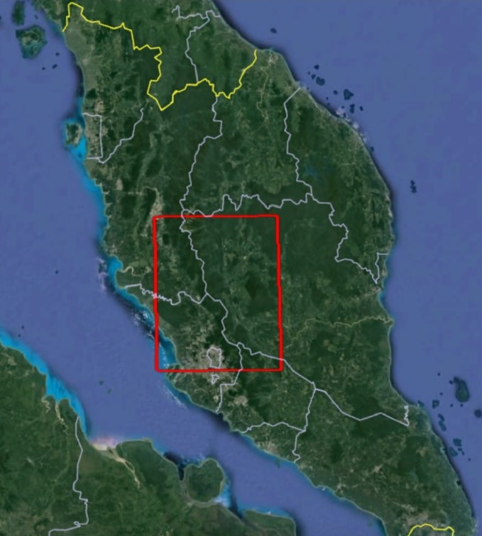 Figure 5: Comparison of the area of proposed deforestation (red box) with Peninsular Malaysia. – RimbaWatch pic, March 21, 2023
