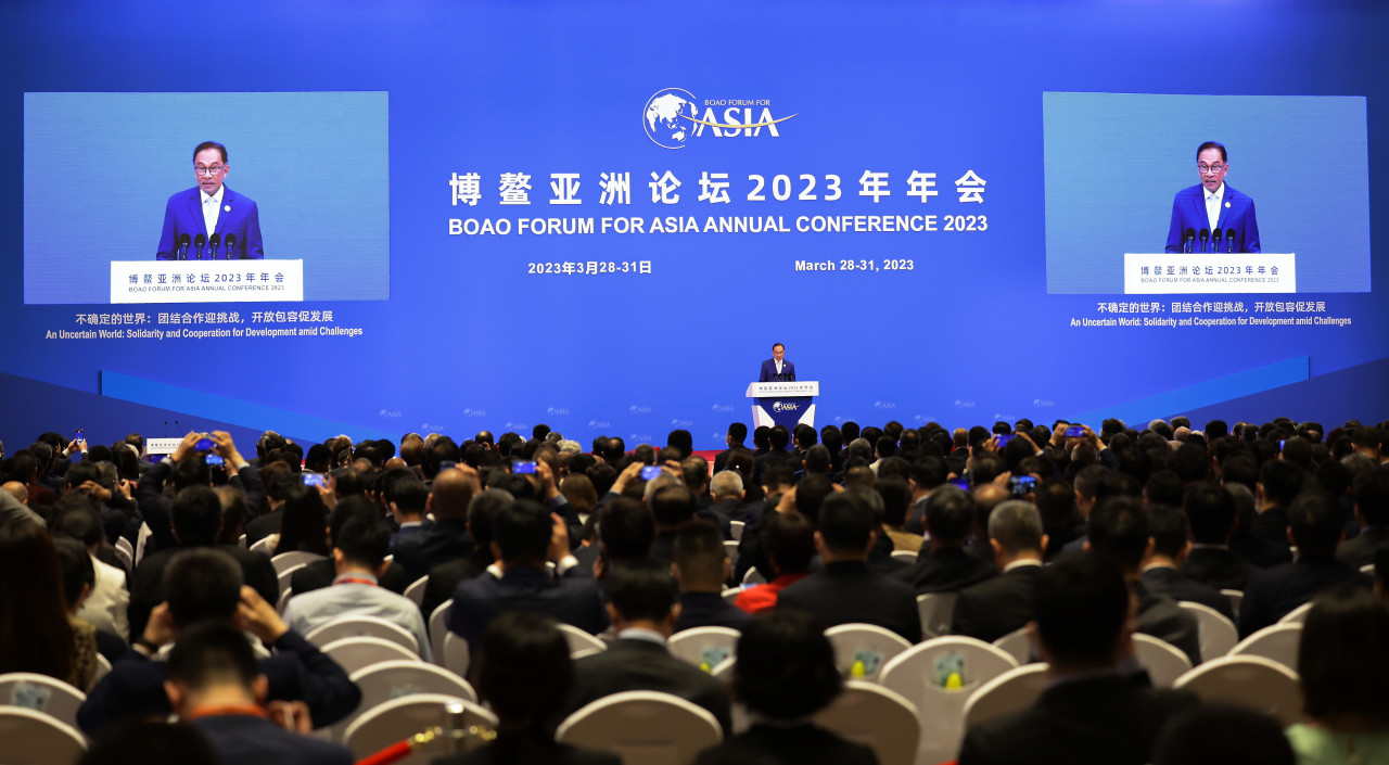 Datuk Seri Anwar Ibrahim speaks at a plenary session at the Boao Forum for Asia Annual Conference 2023 in Hainan, China last Thursday. – Prime Minister’s Office pic, April 4, 2023