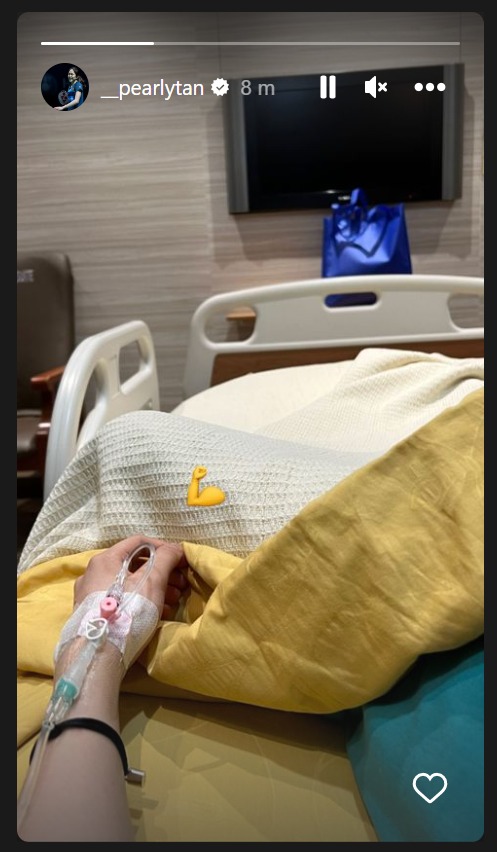 A screen grab of Pearly Tan’s Instagram Story showing her in a hospital bed, hooked up to an intravenous drip. – Screen grab pic, April 19, 2023