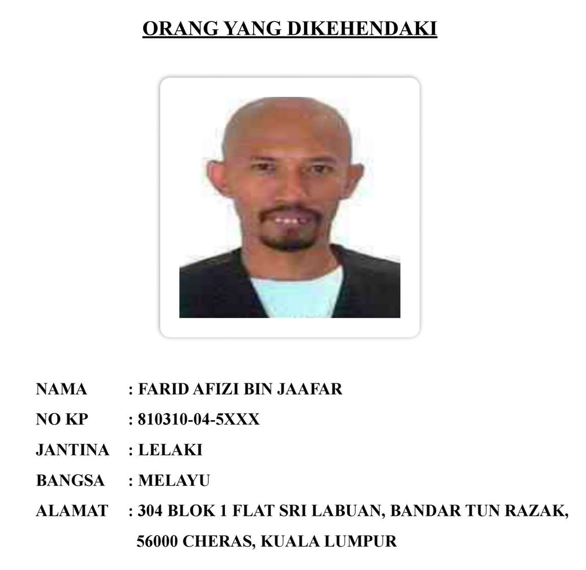 A photo of the suspect shared by Cheras police. – Polis Cheras Facebook pic, May 6, 2023