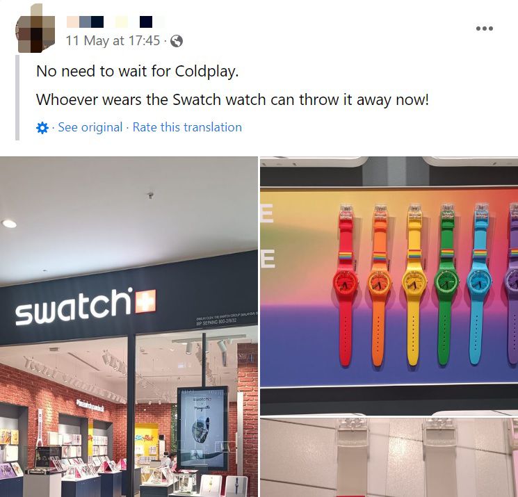 A Facebook user expresses distaste for Swatch’s Pride-themed products. – Screen grab pic, May 22, 2023