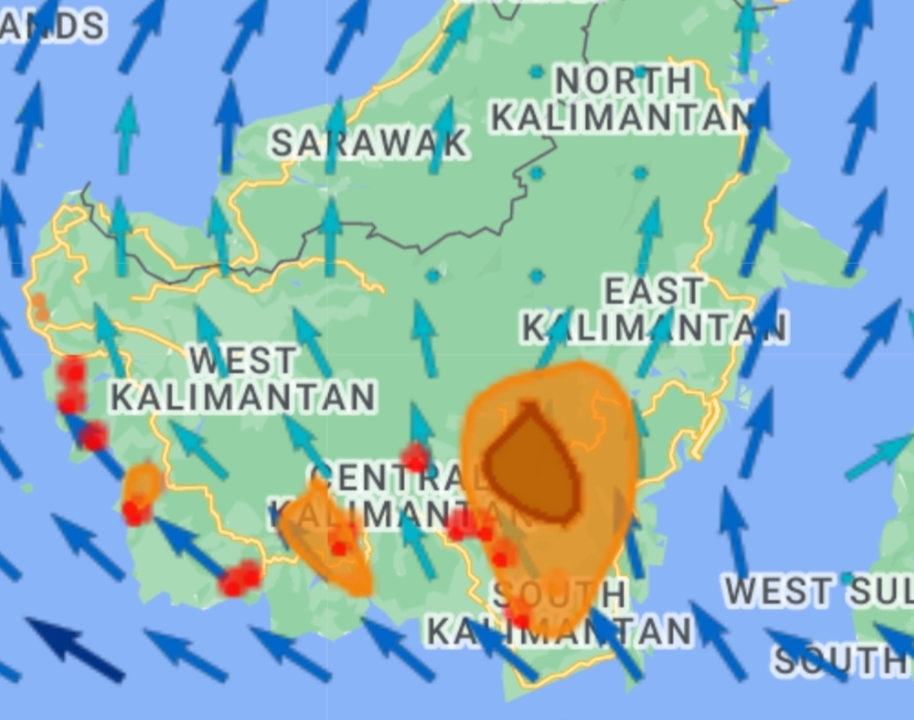 A map shows the direction of winds blowing through Borneo Island, including Sarawak. – Asean Specialised Meteorological Centre pic, September 4, 2023   