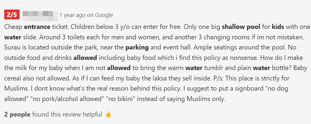 A review by a patron of the Berangan Aqua Park posted on Top-Rated.online in 2023. The person apparently wonders about the real reason behind the ‘strictly for Muslims’ policy, and suggests that there should be another signboard rather than saying that the place is for Muslims only. – Screen grab. 