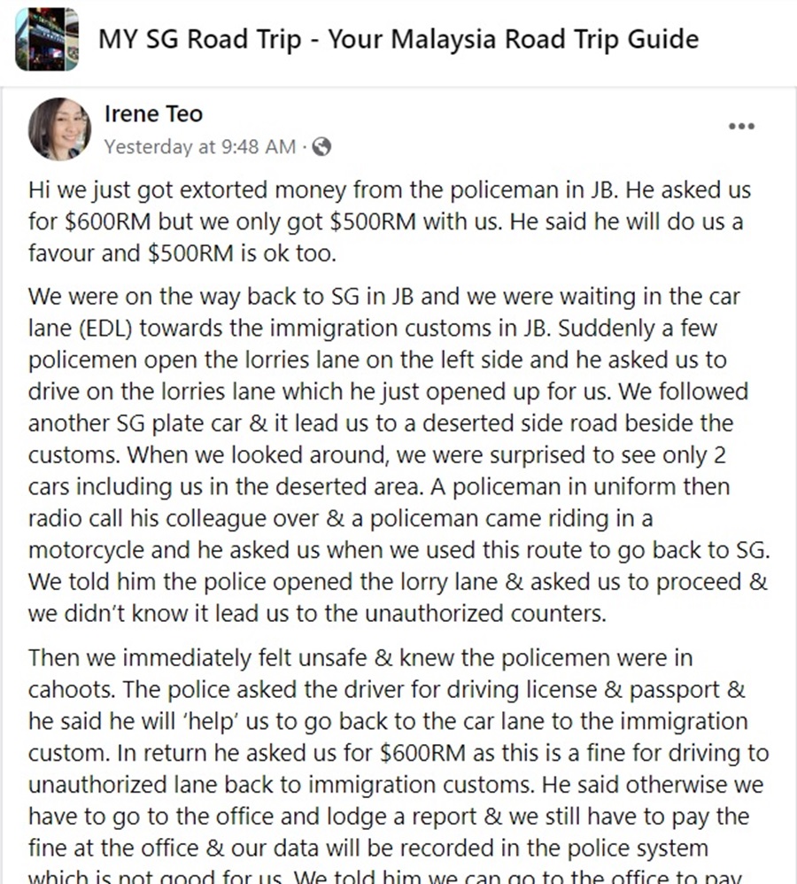 A screenshot of Singaporean Irene Teo’s Facebook post. – Screen grab pic, March 12, 2024. 