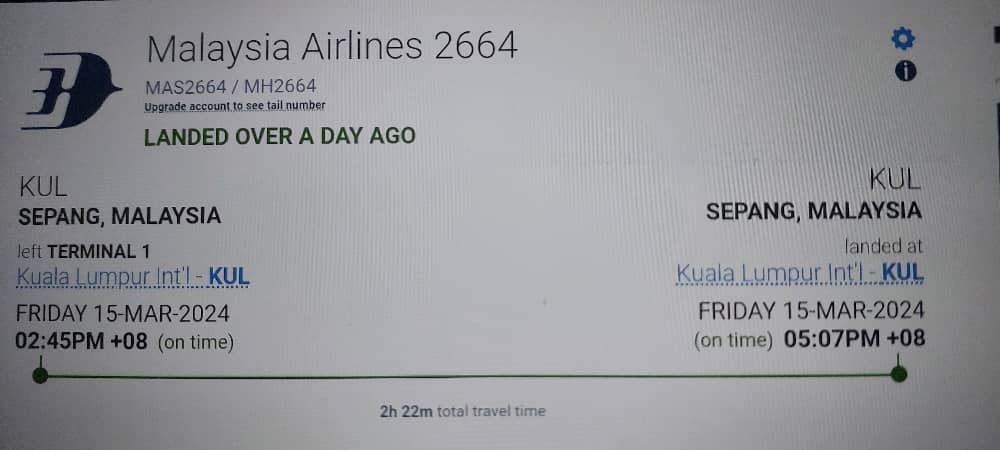 This screen grab shows the flight departed from Sepang (KLIA) and landed at Sepang (KLIA). – Screen grab pic, March 17, 2024. 