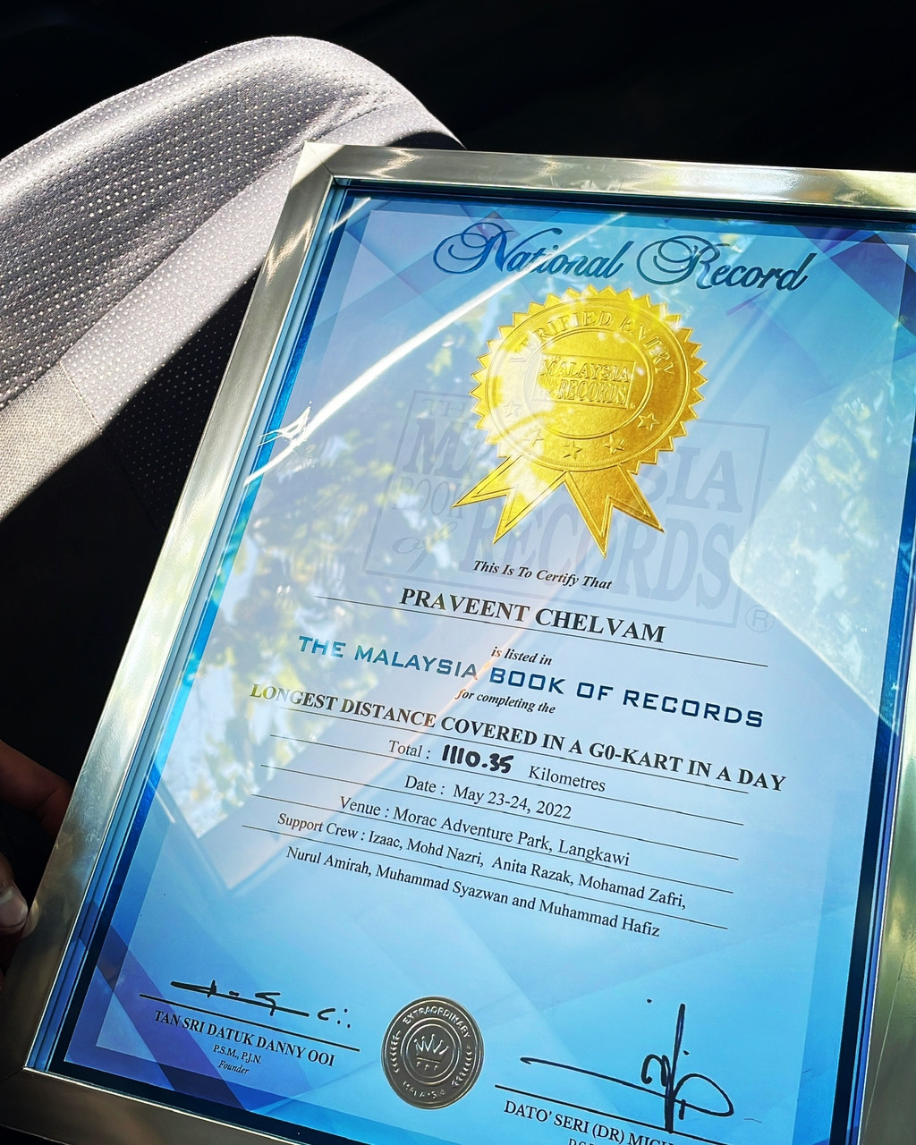 After driving a small car without a suspension for 24 hours, Praveent was unable to move for several hours due to the pain, but he has stamped his name in the Malaysian Book of Records. – Pic courtesy of Praveent Chelvam, February 7, 2023