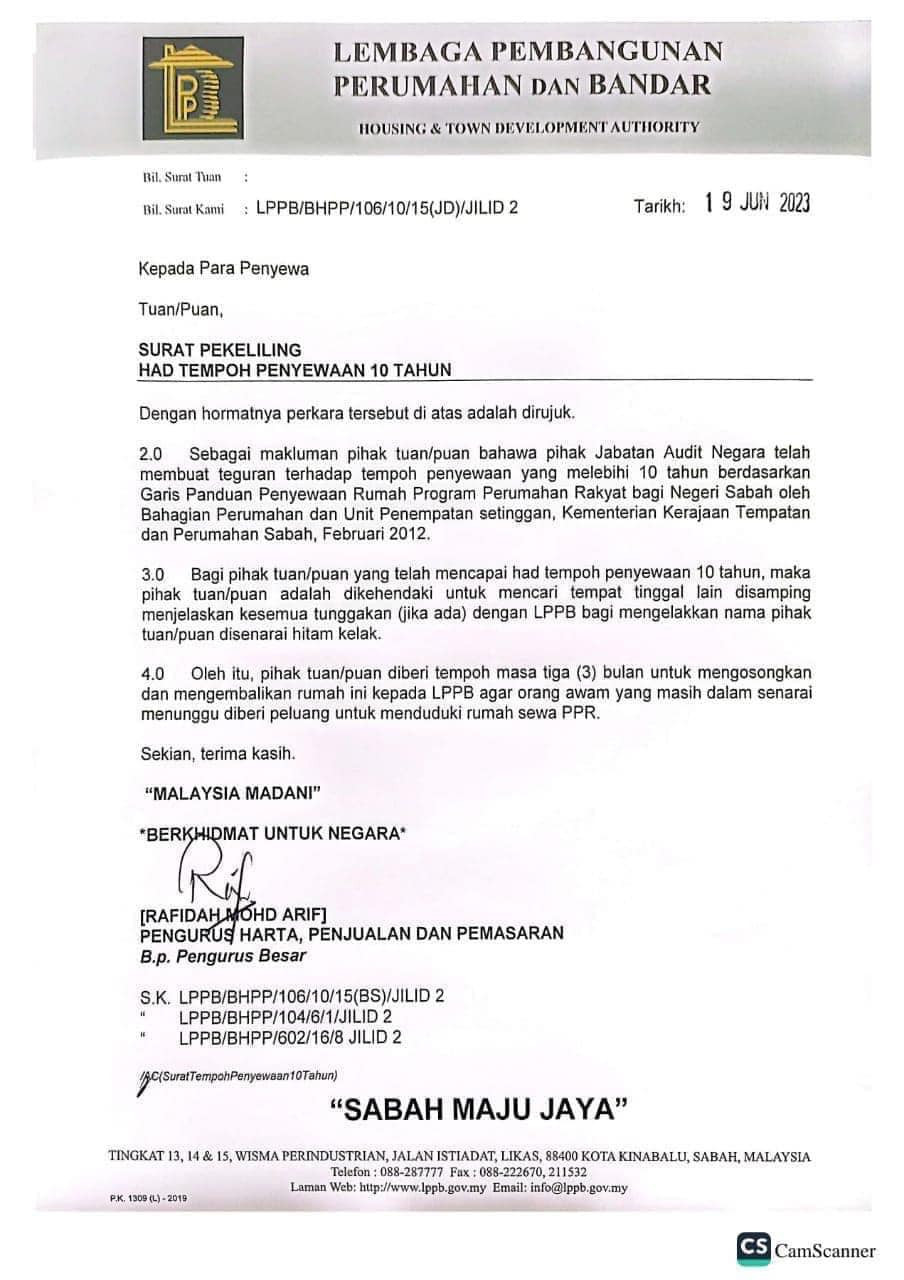 The circular from the Sabah Housing and Town Development Authority that has been shared on social media.