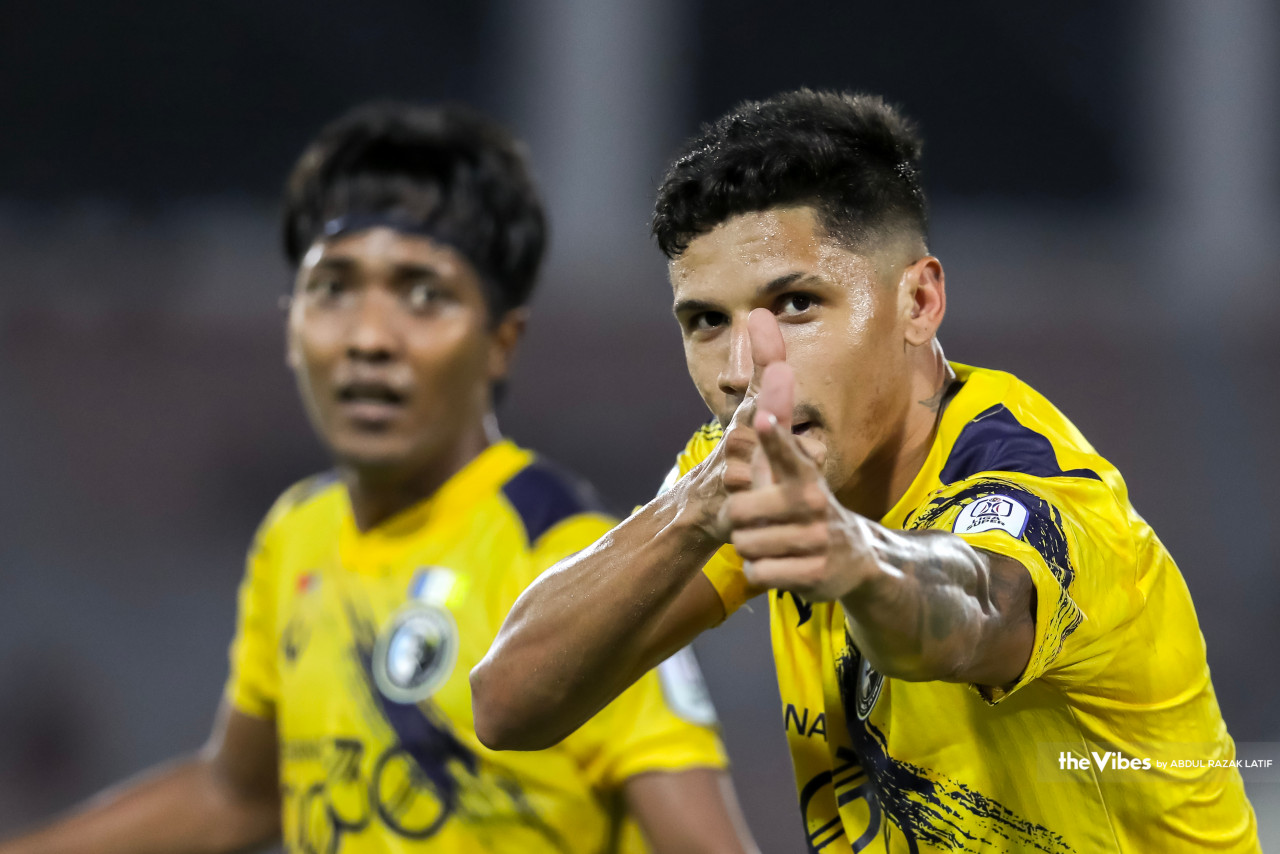 Penang FC player Gomes Da Silva Giovane gestures triumphantly after scoring a goal during the match between KL City and Penang FC at the Kuala Lumpur Stadium in Cheras. – ABDUL RAZAK LATIF/The Vibes pic, February 23, 2026