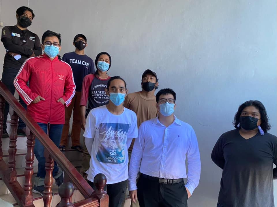 The seven people arrested over the Kg Muhibbahraya demonstration seen after they were released on bail. With them is lawyer Raymond Guok (second from right). – Tawaukini Facebook pic, May 1, 2021