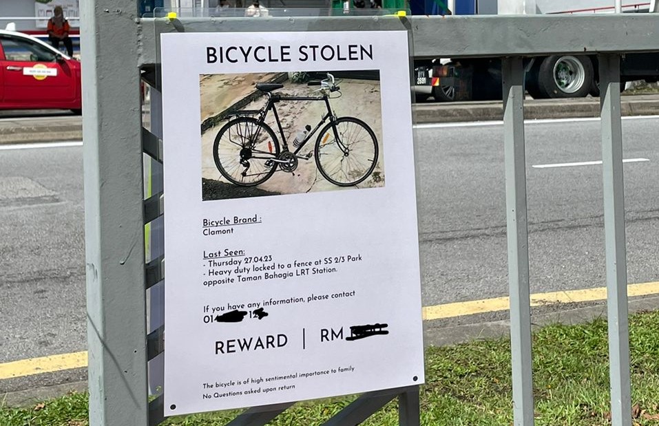 Bike Commute Malaysia initiative director Justin Lee Kah Wai says he placed a poster offering a RM1,000 reward for the return of his bicycle, unaware that it was impounded by the Petaling Jaya City Council. – Pic courtesy of Justin Lee Kah Wai, May 28, 2023