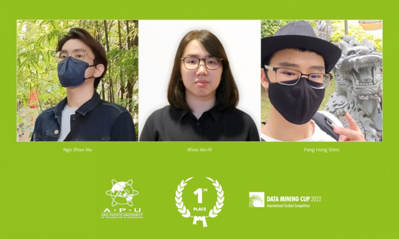 (From left) Ngo Zhuo Xiu, Khoo Xin-Yi and Pang Hong Shen were announced as first place winners by the organiser on July 14, 2022, beating 77 participating student teams from 23 countries. – APU pic, August 10, 2022