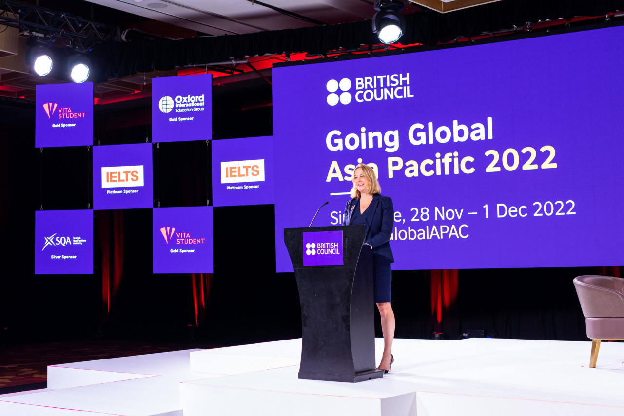 British Council Education Director Maddalaine Ansell delivers the opening address at the Going Global Asia Pacific 2022 conference at the Marina Bay Sands here on November 29. She said that prospective higher education students should look beyond rankings when it comes to selecting a university. – Pic courtesy of the British Council, December 5, 2022