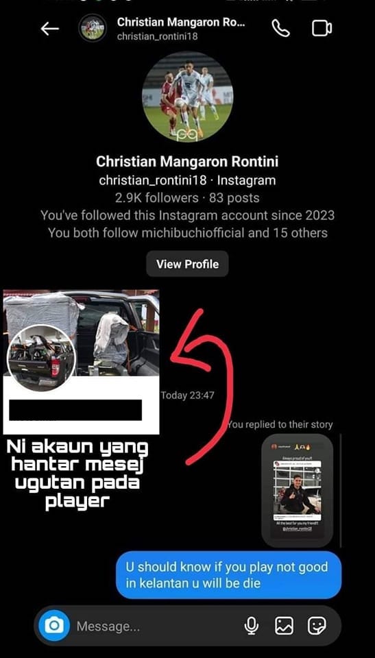 A screenshot showing the death threat made by a Facebook user towards Kelantan FC’s newest import player Christian Rontini, saying that he will die if he does not perform well for the football team. – Facebook pic, February 8, 2023