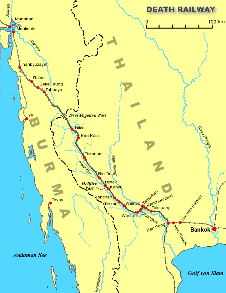 A map illustrating the Death Railway track built during Japanese occupation in World War II. 
