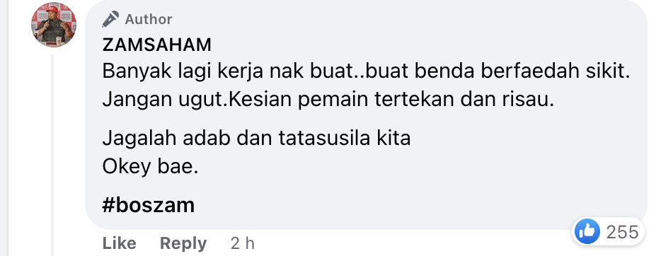 Facebook user “Zamsaham” chastises the social media account which delivered a death threat to Christian Rontini and asks fans to think of its negative impact on the player. – Facebook pic, February 8, 2023