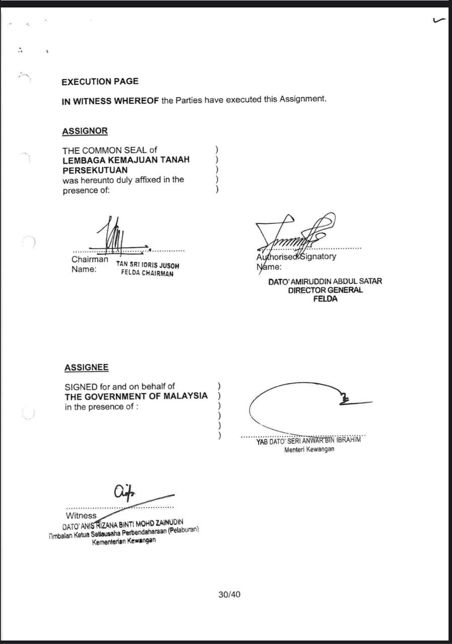 Agreement on Assignment for Financial Service Reserve Account (FSRA) between Felda, the Malaysian government and Amanahraya Trustees Bhd, dated June 26, 2023 released by the Prime Minister’s Office.