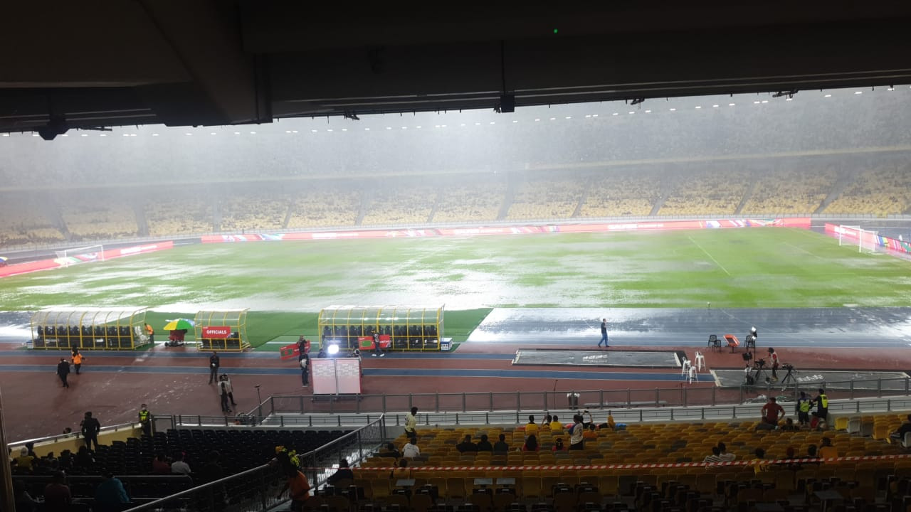 The Bukit Jalil National Stadium field is in flooded condition at around 7.30pm to 7.40pm following a heavy two-hour downpour prior to the Malaysia-Bahrain 2023 Asian Cup Qualifiers match on June 11, 2022. – Sources pic, June 12, 2022