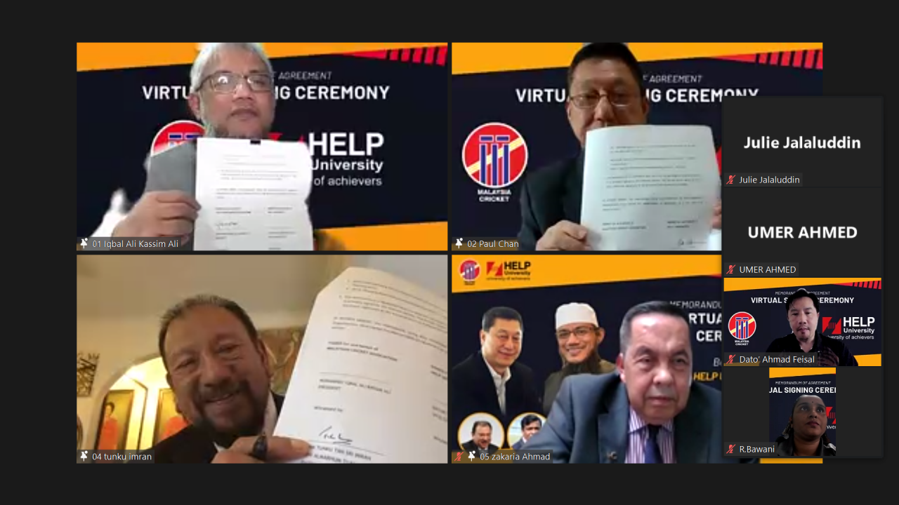 A screenshot of the Memorandum of Agreement signing ceremony between HELP University and the Malaysian Cricket Association on September 2, 2021. 