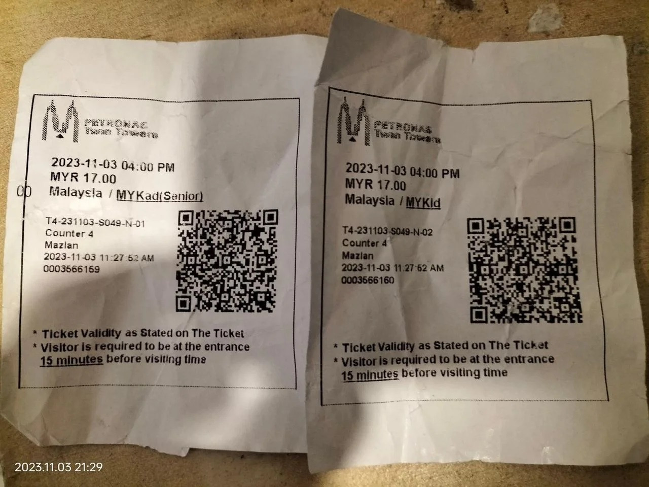 Datuk Shamsuddin Nawawi’s tickets for a visit to the Petronas Twin Towers Sky Bridge. 