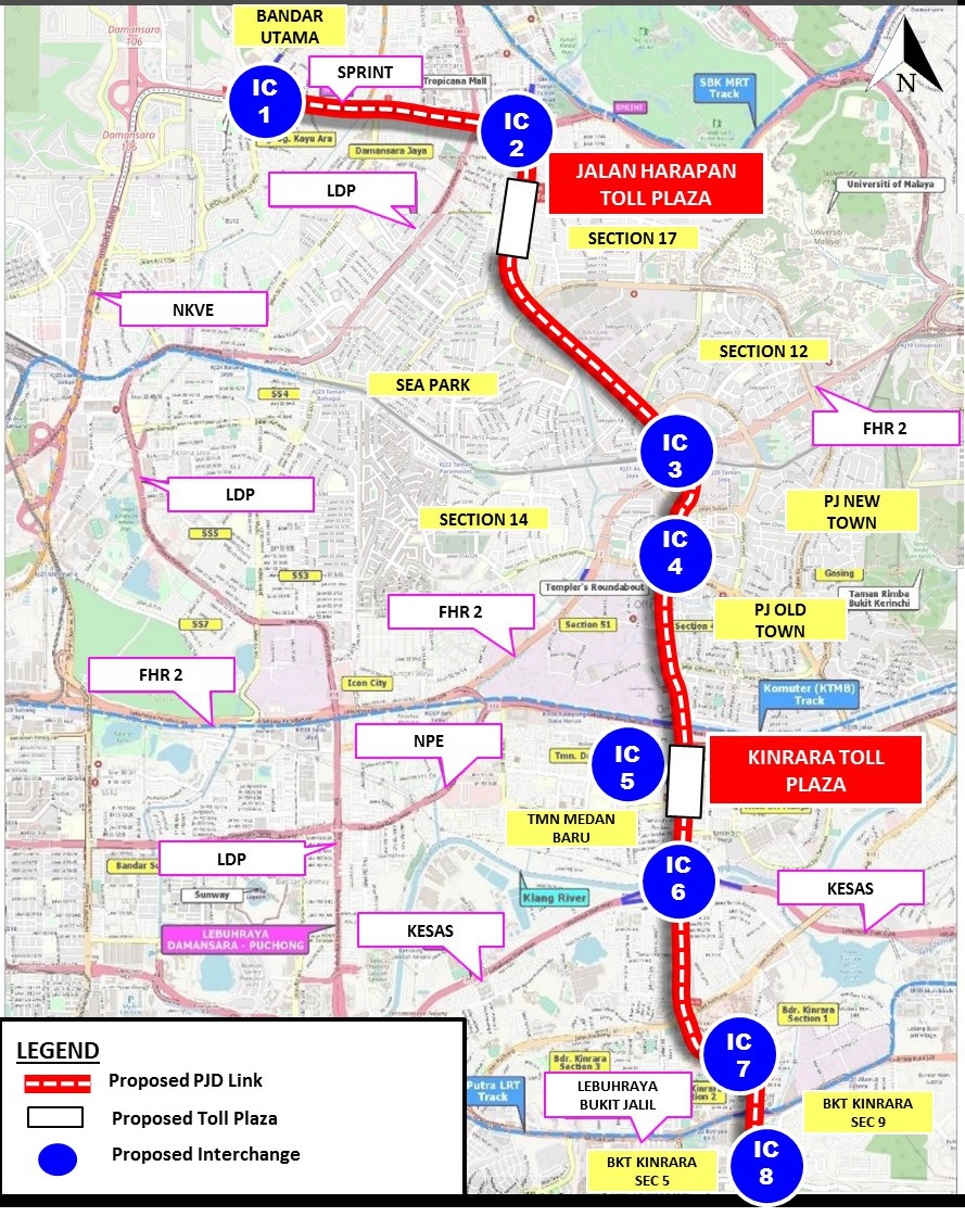 The proposed alignment for the Petaling Jaya Traffic Dispersal Elevated Highway project. – PJD Link Sdn Bhd pic, June 8, 2022